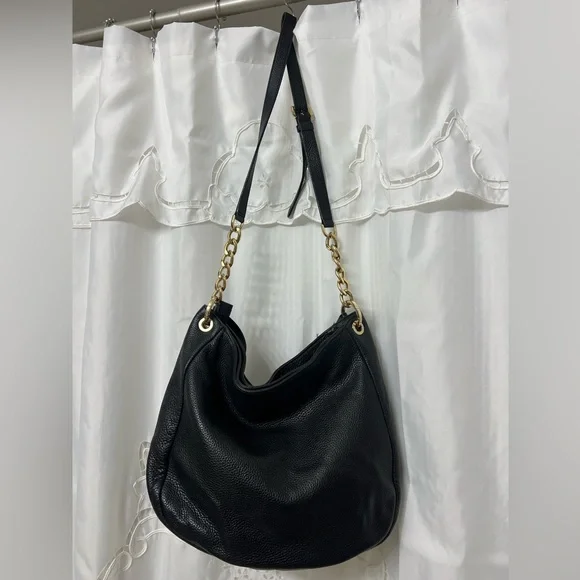 Michael Kors Bedford Large Black Pebbled Leather Shoulder Bag Gold Chain Hobo - Picture 8 of 13